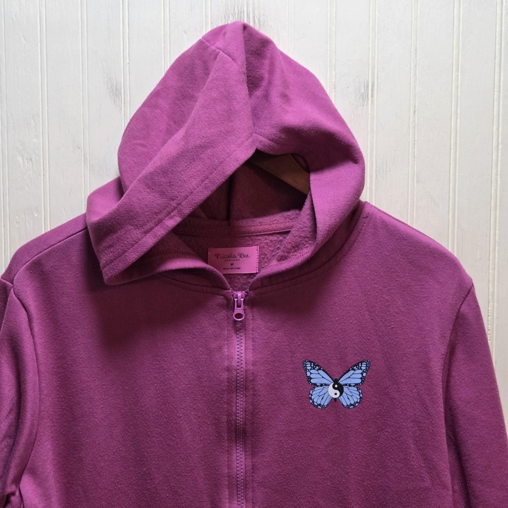 Nicola Bee Hoodie Juniors Medium Pink Full Zip Fleece Butterfly Yin Yang Graphic
